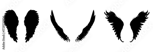 Vector Black raven wing isolated with feather texture , Vector,. Wing of bird isolated on white background. Wings icons set on transparent background. Angel wings icon vector set.