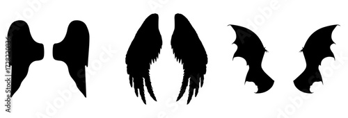 Vector Black raven wing isolated with feather texture , Vector,. Wing of bird isolated on white background. Wings icons set on transparent background. Angel wings icon vector set.