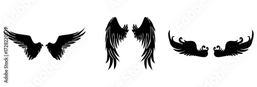Vector Black raven wing isolated with feather texture , Vector,. Wing of bird isolated on white background. Wings icons set on transparent background. Angel wings icon vector set.