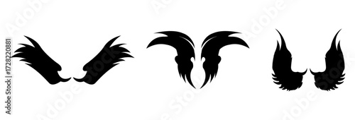 A Vector set of passion linear heraldic Icarus wings. Set of black angel or bird wings with feathers alignment. Design element for tattoo, logo or mascot. Birds Wings for background vector for logo.