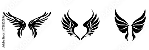A Vector set of passion linear heraldic Icarus wings. Set of black angel or bird wings with feathers alignment. Design element for tattoo, logo or mascot. Birds Wings for background vector for logo.