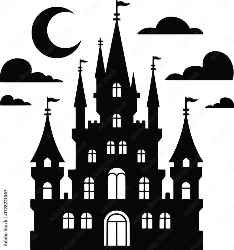 Obraz premium Mysterious gothic castle silhouette under a crescent moon amidst eerie clouds