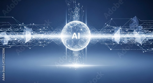 Abstract Digital Representation Of Artificial Intelligence Sphere With Data Stream And Glowing Light