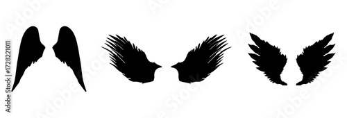 A Vector set of passion linear heraldic Icarus wings. Set of black angel or bird wings with feathers alignment. Design element for tattoo, logo or mascot. Birds Wings for background vector for logo.