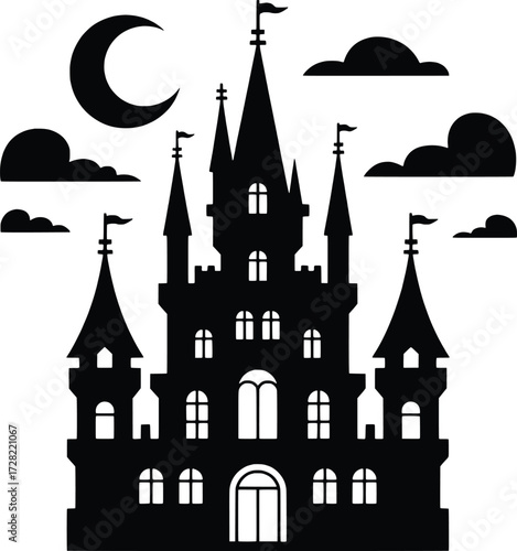 Mysterious gothic castle silhouette under a crescent moon amidst eerie clouds