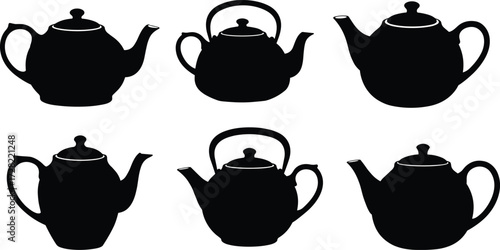 Silhouette collection of teapots, black icons, kitchenware accessory, spout and handle designs, vector illustration, isolated on white background, elegant shapes