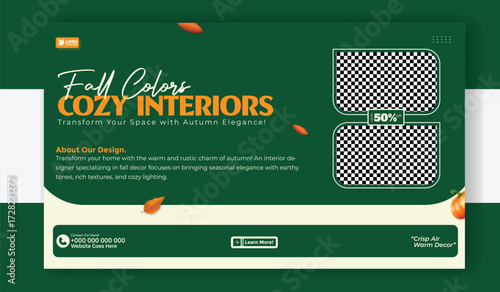 Fall colors and cozy interiors design template for social media post isolated on white background