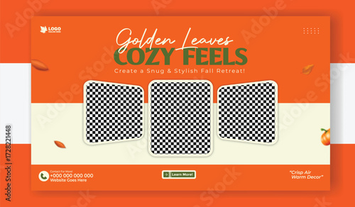 Golden leaves cozy feels interior design presentation template for social media post