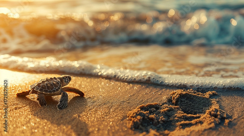 Fototapeta Naklejka Na Ścianę i Meble -  A heartwarming shot of a baby sea turtle making its way to the ocean at sunrise