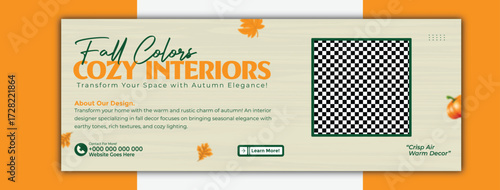 Fall colors cozy interiors, interior design template for social media cover promotion