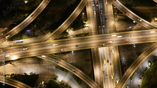 Schilderij op canvas Aerial photography of urban traffic night scene