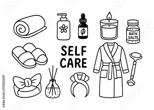 Self care essentials: bathrobe, candle, bath salts, skincare products, aromatherapy