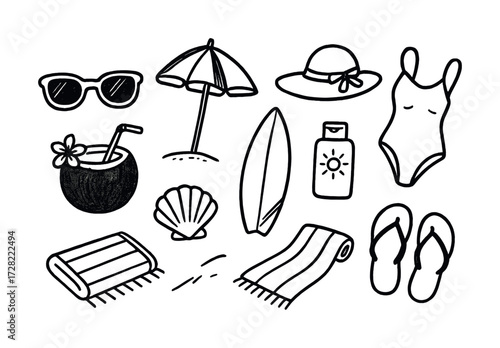 Black and white summer vacation icons: sunglasses, swimwear, surfboard, coconut drink, and more