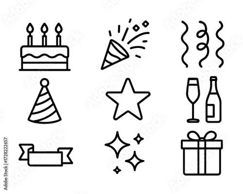 Birthday celebration icons: cake, party hat, confetti, star, sparkles, champagne, gift box