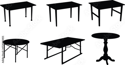 Table silhouettes, black tables, furniture design, minimalist decor, abstract shapes, interior concept, modern style, isolated tables, white background, leg variations