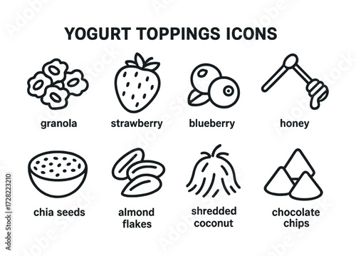 Yogurt toppings icons: granola, strawberry, blueberry, honey, chia seeds, almond flakes, coconut, chocolate chips