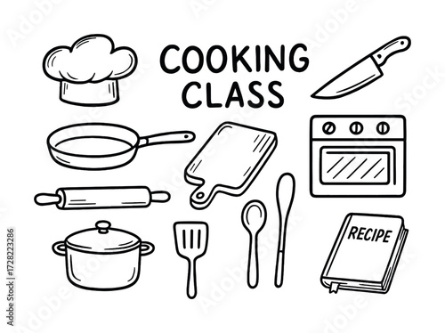 Cooking class essentials: knife, cutting board, recipe book, cookware line art