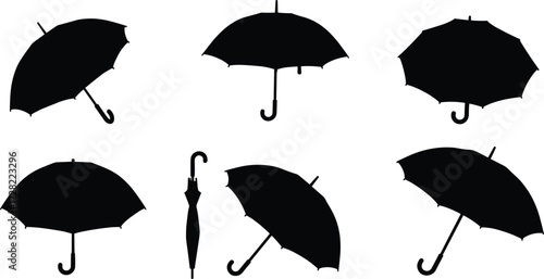 Umbrella silhouettes set, black icons, open and closed styles, curved handles, isolated on white background, vector illustration, rain accessories collection