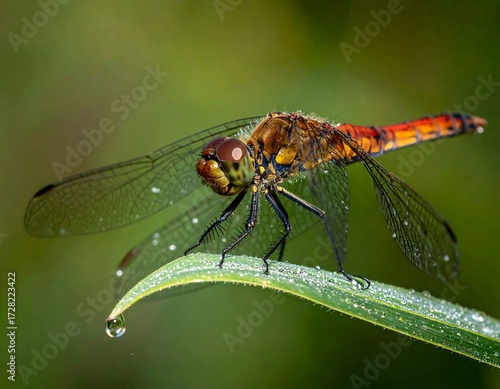 Wallpaper Mural Close-up of a colorful dragonfly on a dewy leaf Torontodigital.ca