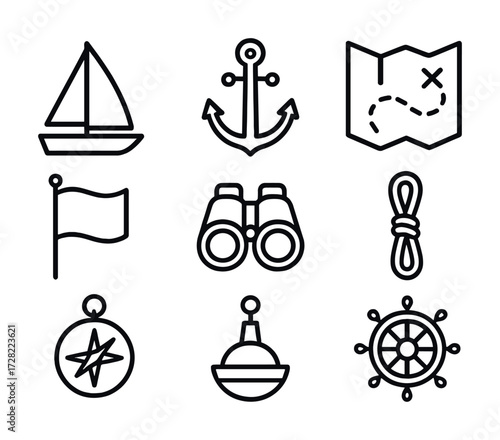 Nautical icon set with sailboat, anchor, map, and compass in bold line style