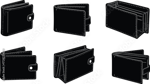 Wallet silhouette collection, black wallet icons, vector wallet design, open and closed styles, card holder shapes, minimalist accessory, fashion gear