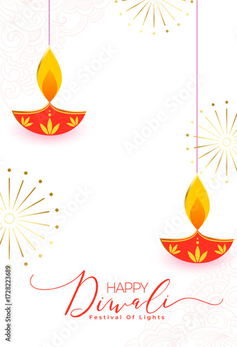 happy diwali greeting white template with hanging diya