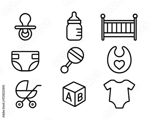 Set of simple baby icons: pacifier, bottle, crib, diaper, rattle, bib, stroller, block, onesie