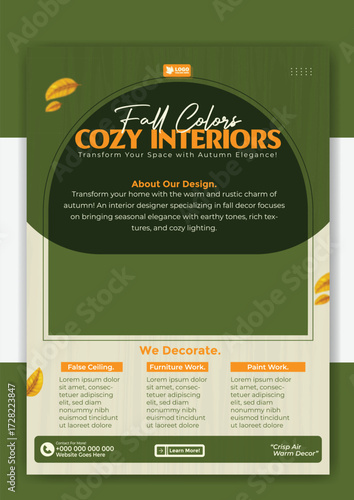 Fall color cozy interiors flyer template for interior design and home decoration service