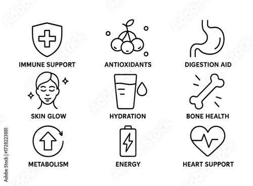 Health benefits icons: immune, antioxidants, digestion, beauty, hydration, bone, metabolism, energy, heart