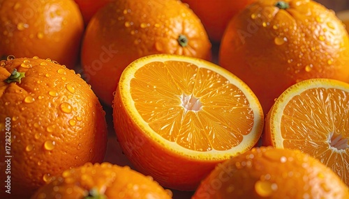 Vibrant Oranges with Water Droplets on Wooden Surface Displaying Freshness and Juiciness in Natural Light Close Up Shot