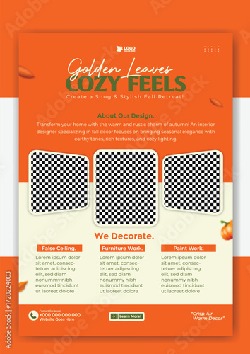 Golden leaves cozy feels flyer template for interior design and home decoration service