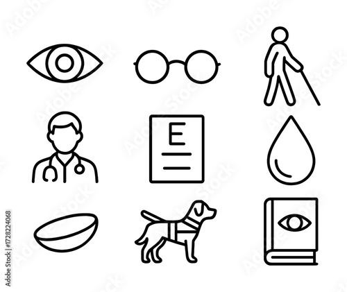 Visual aid symbols: eye, glasses, cane, doctor, eye test, drop, contact lens, guide dog, book