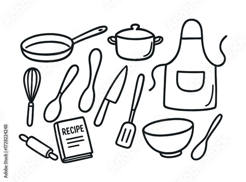 Hand-drawn kitchen utensils collection featuring cookware, cutlery, and recipe book