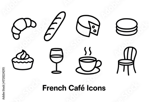 French café icons: croissant, baguette, cheese, macarons, tart, wine, coffee, chair