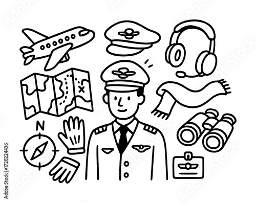 Airline pilot essentials with uniform, gear, and accessories in illustrative style