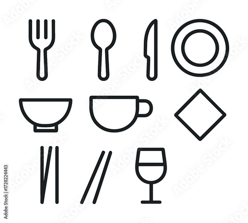 Minimalist tableware icons: fork, spoon, knife, plate, bowl, cup, napkin, chopsticks, wine glass