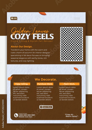 Golden leaves cozy feels flyer template for interior design and home decoration service
