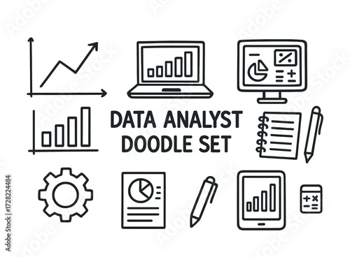 Data analyst doodle set with charts, laptop, tablet, gear, and notepad