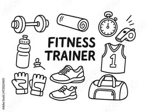 Fitness trainer essentials: dumbbell, shoes, stopwatch, whistle, gloves, water bottle, bag, exercise mat, jersey