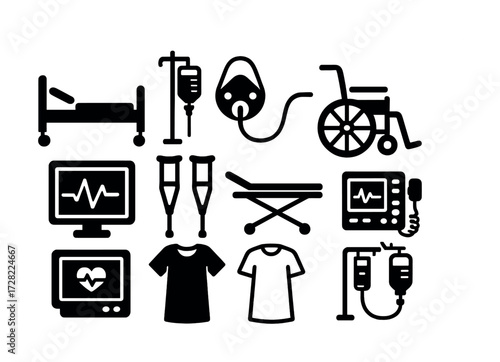 Medical equipment icons: bed, iv, mask, wheelchair, crutches, monitor, gown, ventilator, stretcher