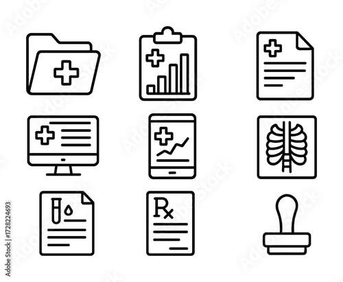 Healthcare icons set: medical records, prescription, x-ray, chart, blood test, stamp