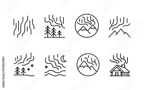 Set of black line icons of northern lights (aurora borealis). Outline illustrations of aurora over mountains, forest, cabin, and night sky.