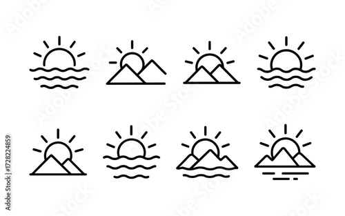 Set of black line icons of sunrise and sunset. Outline illustrations of sun over sea, mountains, and horizon.