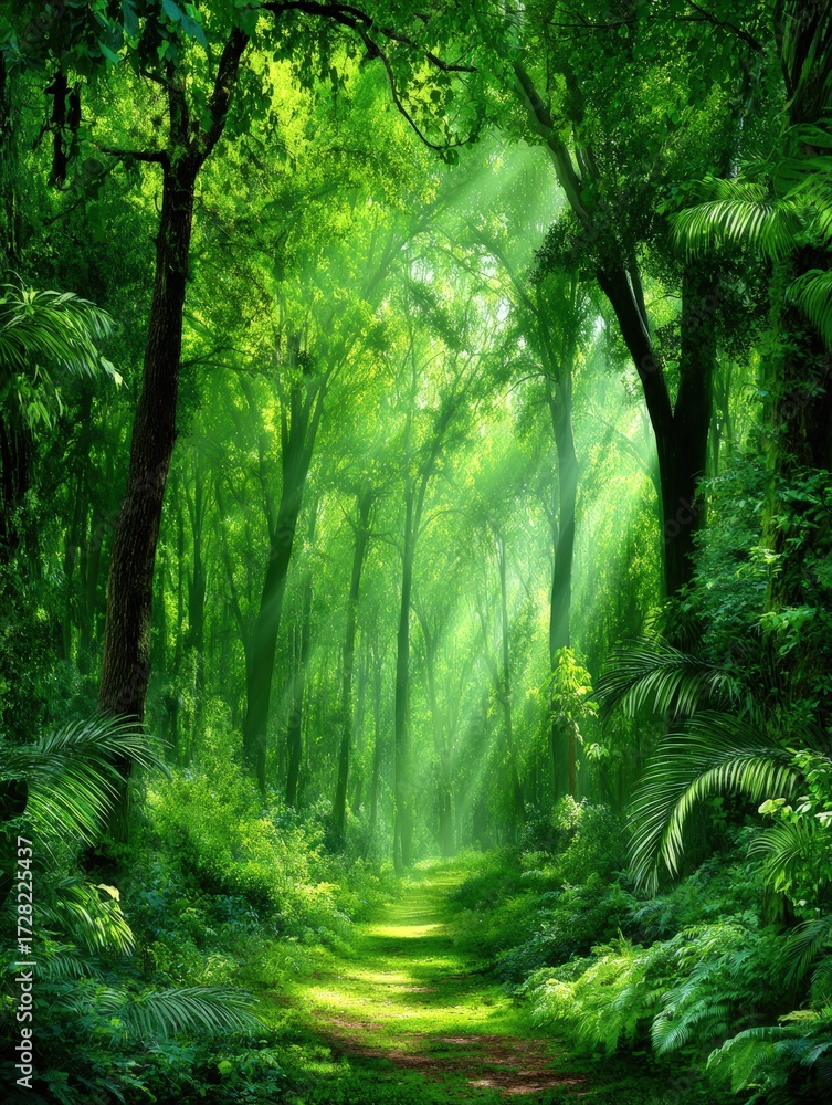 Fototapeta premium Lush green trees and foliage create a dense canopy as sunbeams filter through a vibrant tropical forest illuminating a pathway below.