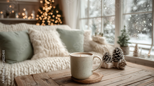 Minimalist Scandinavian living room: white sofa, Christmas tree, snow outside