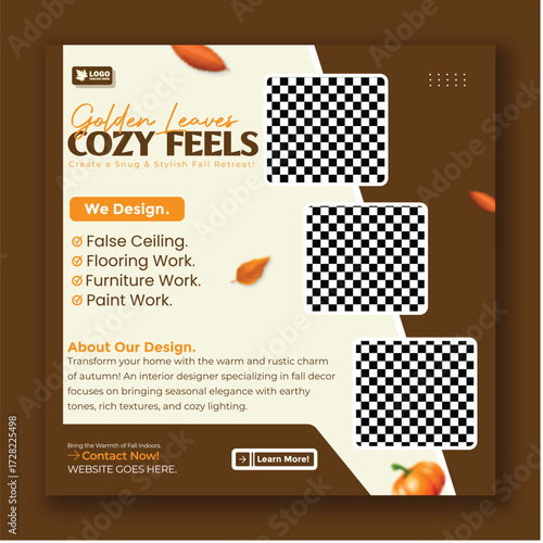 Golden leaves cozy feels social media post template for interior design service