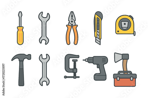 Colorful assorted tools set: screwdriver, wrench, pliers, cutter, tape measure, hammer, clamp, drill, axe, toolbox