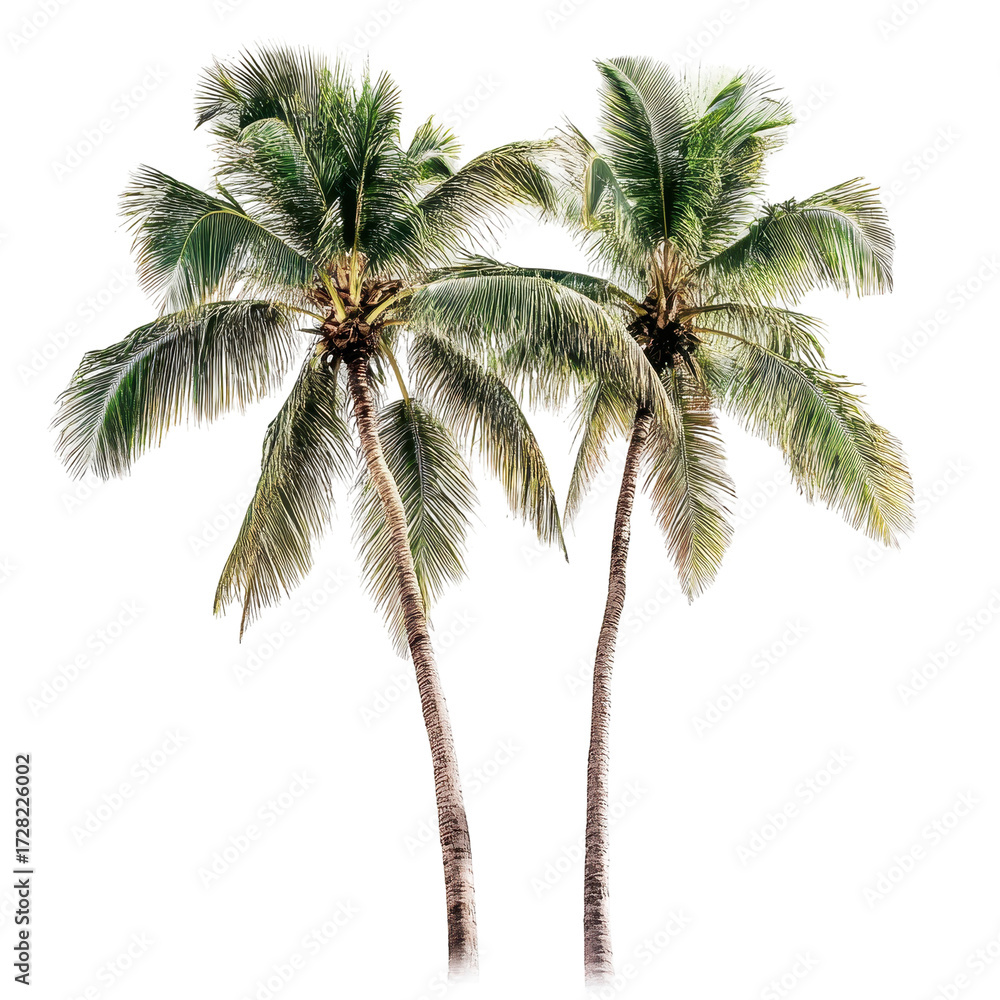 Fototapeta premium Two Tropical Palm Trees on Black Background isolated on a white background