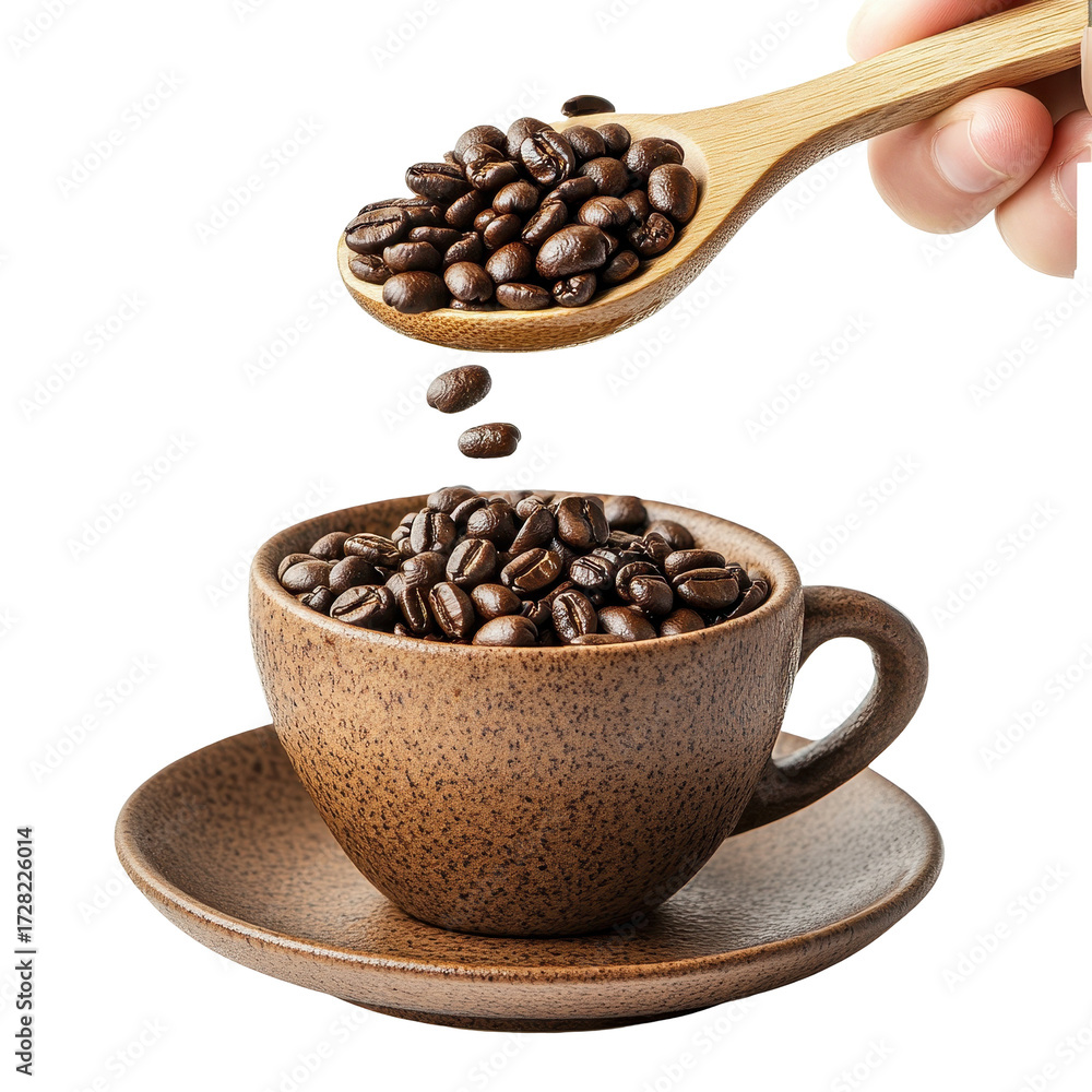 Fototapeta premium Coffee beans falling into a brown cup from a wooden spoon isolated on a white background