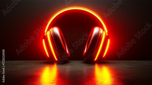 Glowing red neon headphones on dark background with futuristic music concept.